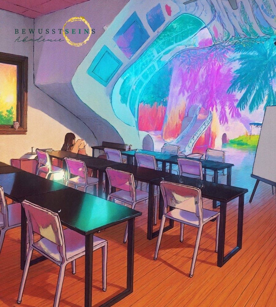 Klassenzimmer mit schwarzen Stühlen und Tischen und kunterbunten Wänden.